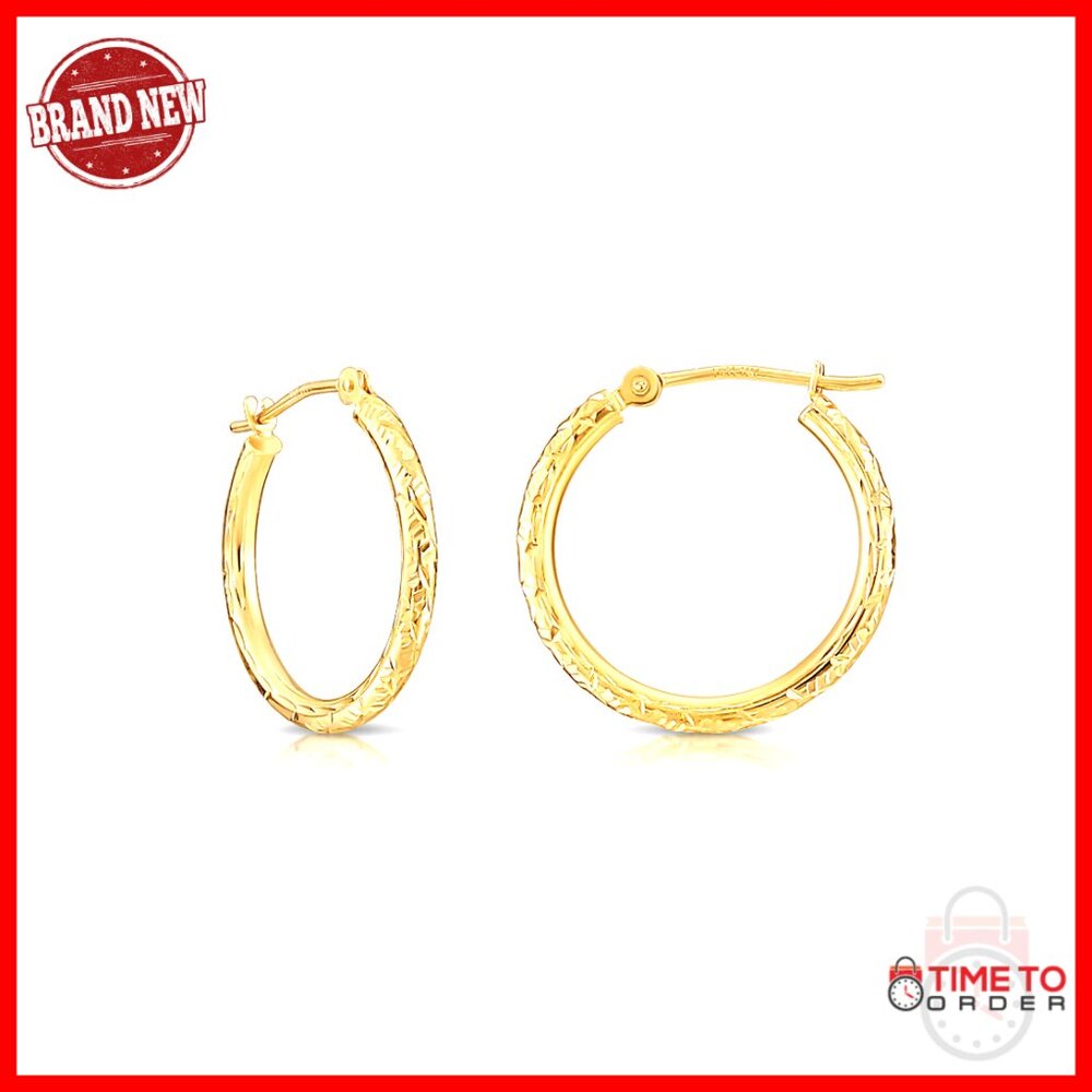14k Yellow Gold Diamond-Cut Hoop Earrings 20mm Click-Top Closure